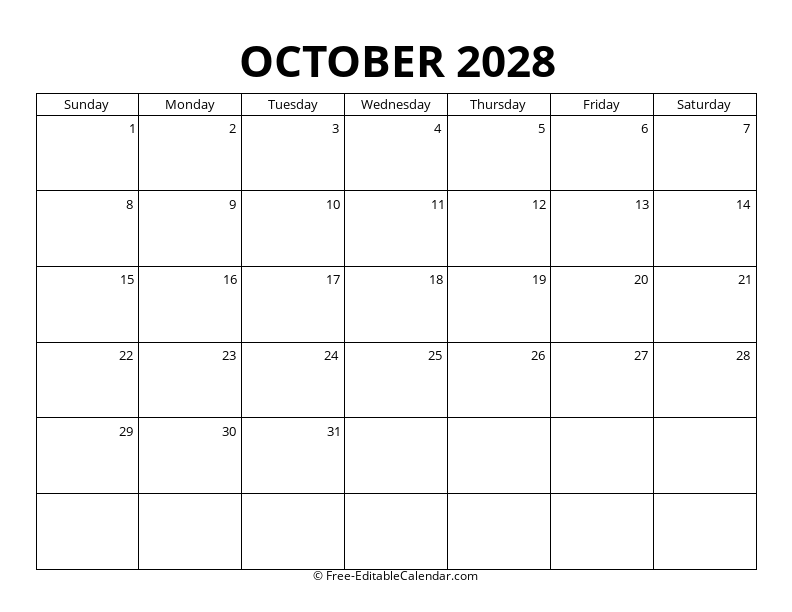 October 2028 Blank Calendar