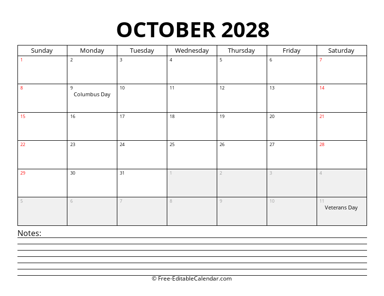 October 2028 Calendar with Notes