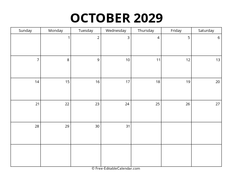October 2029 Blank Calendar
