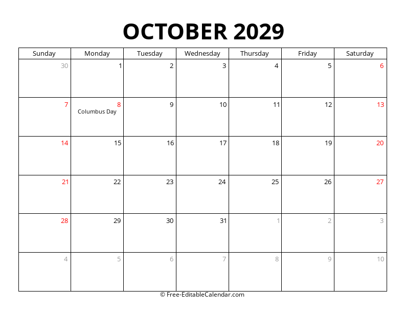 October 2029 Calendar with Holidays