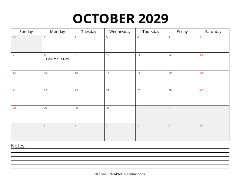 October 2029 Calendar with Notes