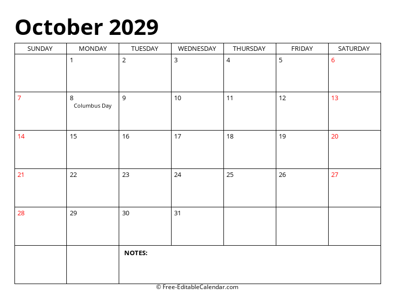 October 2029 Editable Calendar