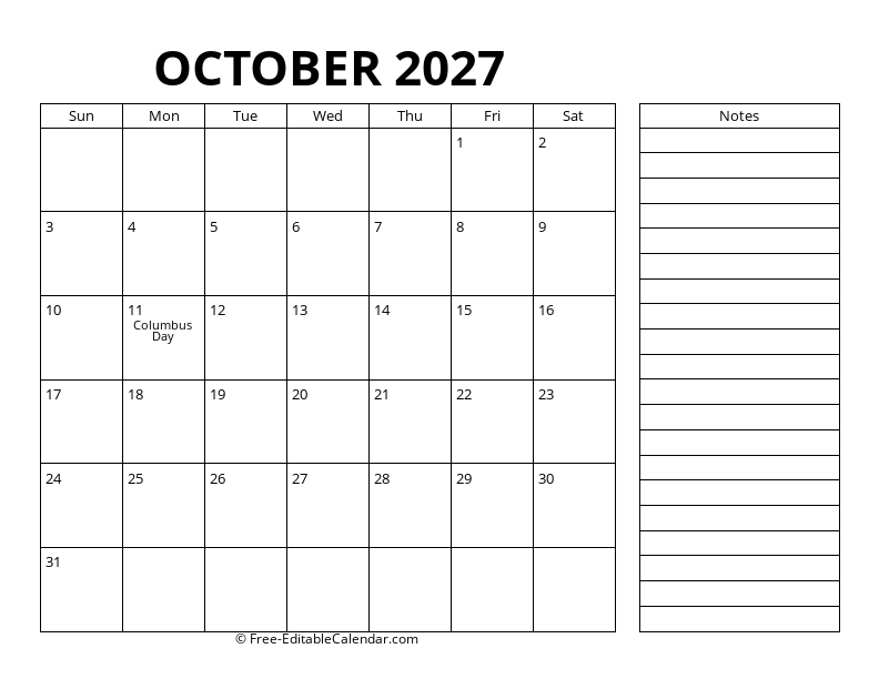 October Calendar 2027 with right notes