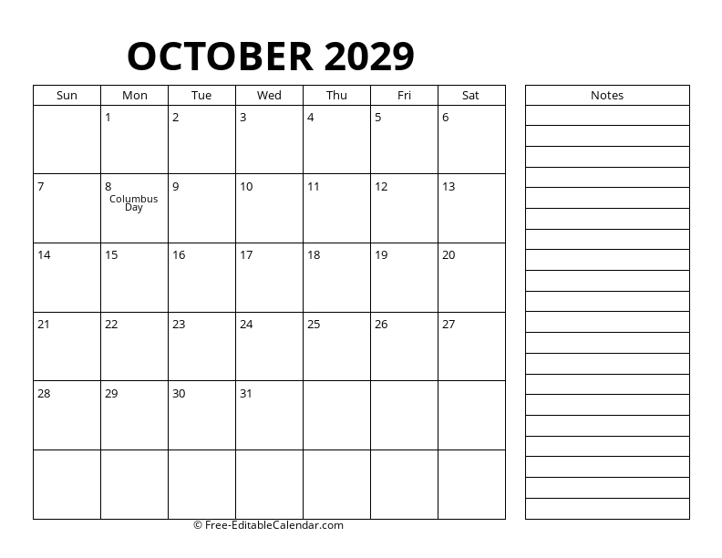 October Calendar 2029 with right notes