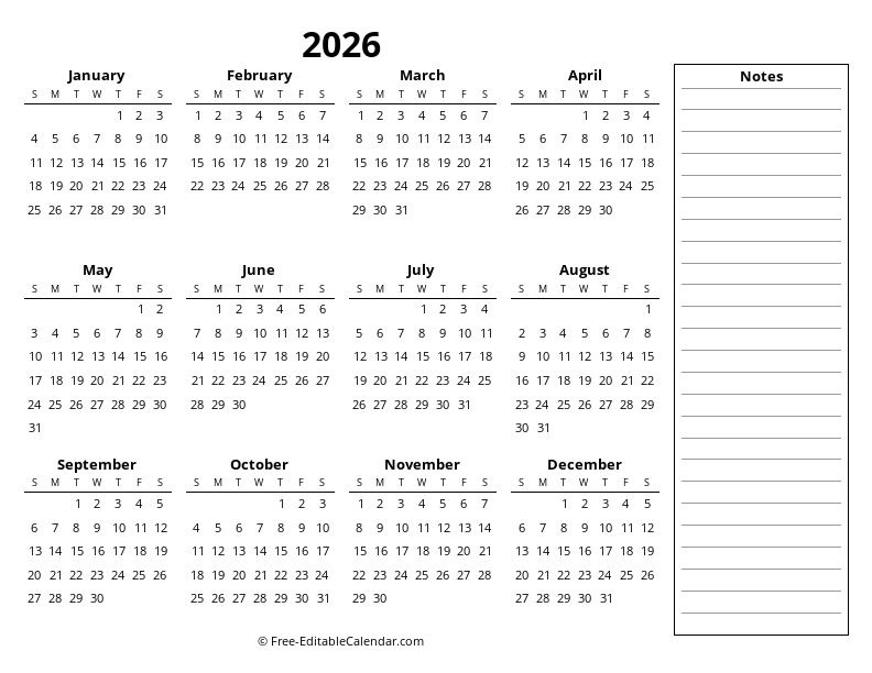 One page calendar 2026 with notes