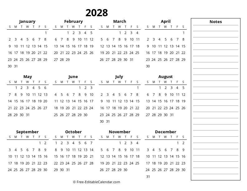 One page calendar 2028 with notes