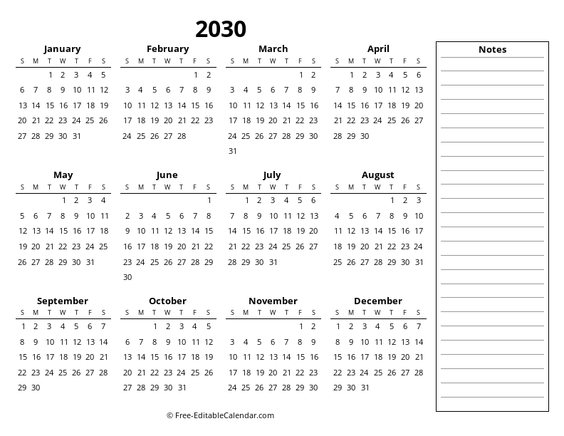 One page calendar 2030 with notes