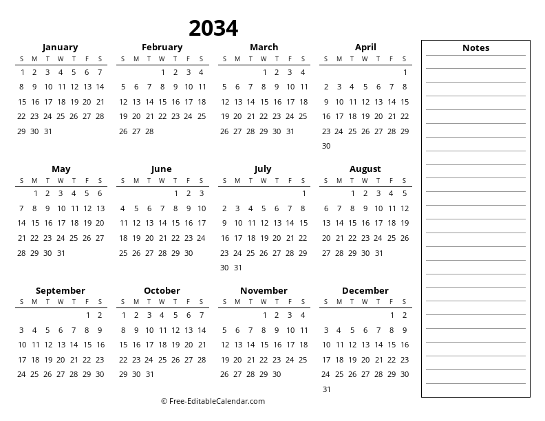 One page calendar 2034 with notes