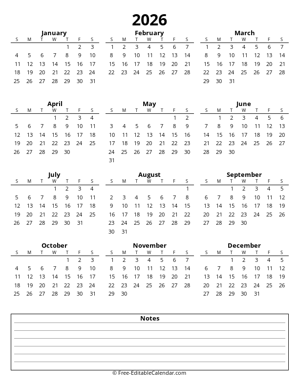 Portrait yearly calendar 2026