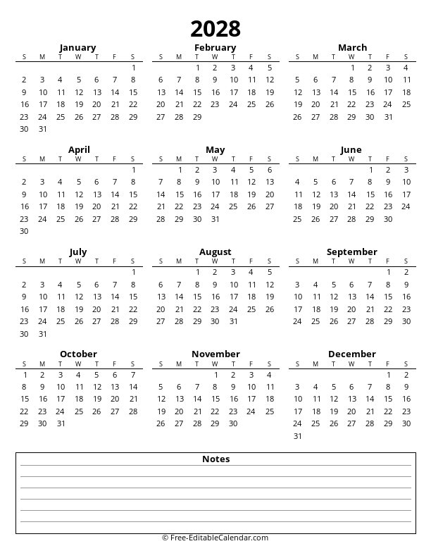 Portrait yearly calendar 2028