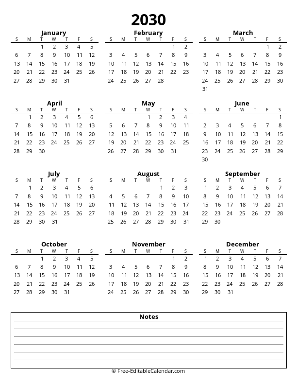 Portrait yearly calendar 2030