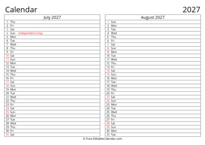 Printable 2027 Calendar July August with Holidays