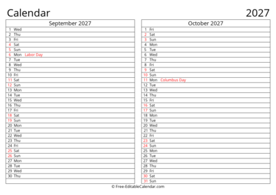 Printable 2027 Calendar September October with Holidays