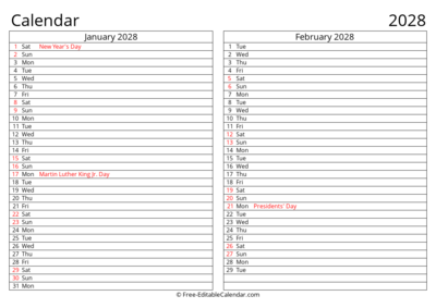 Printable 2028 Calendar January February with Holidays
