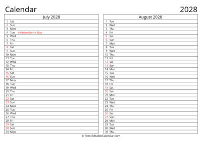 Printable 2028 Calendar July August with Holidays