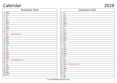 Printable 2028 Calendar November December with Holidays
