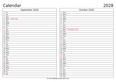 Printable 2028 Calendar September October with Holidays