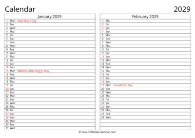 Printable 2029 Calendar January February with Holidays