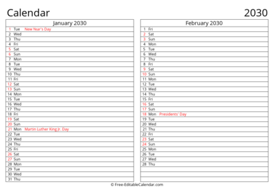 Printable 2030 Calendar January February with Holidays
