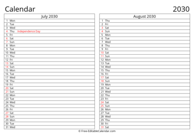 Printable 2030 Calendar July August with Holidays