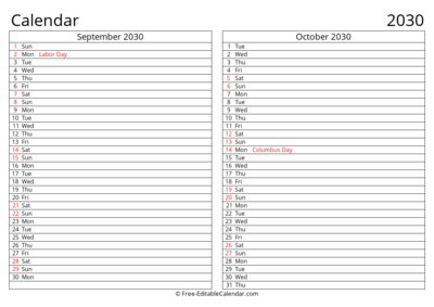 Printable 2030 Calendar September October with Holidays