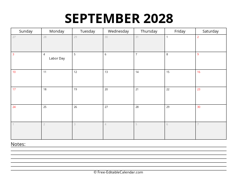 September 2028 Calendar with Notes