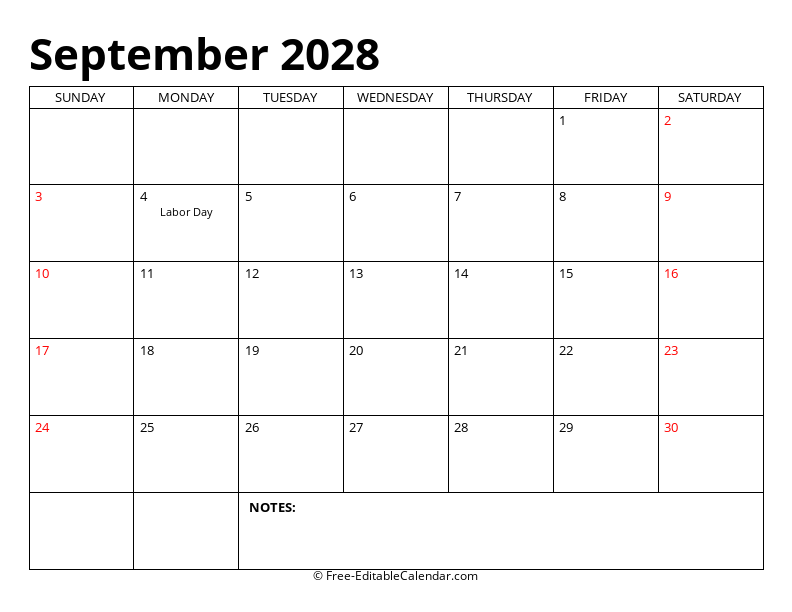 September 2028 Editable Calendar