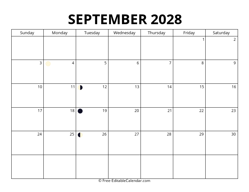 September 2028 Moon Phase Calendar