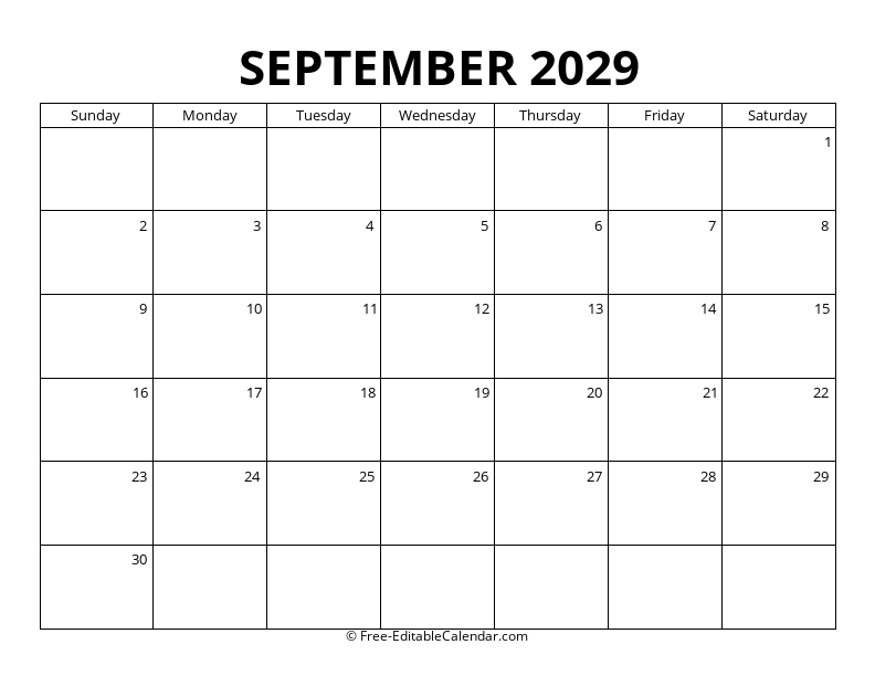 September 2029 Blank Calendar