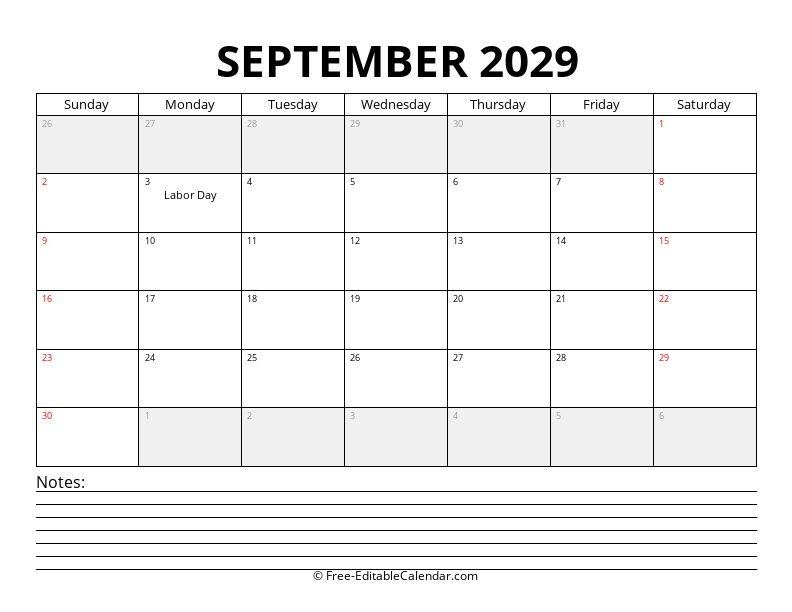 September 2029 Calendar with Notes