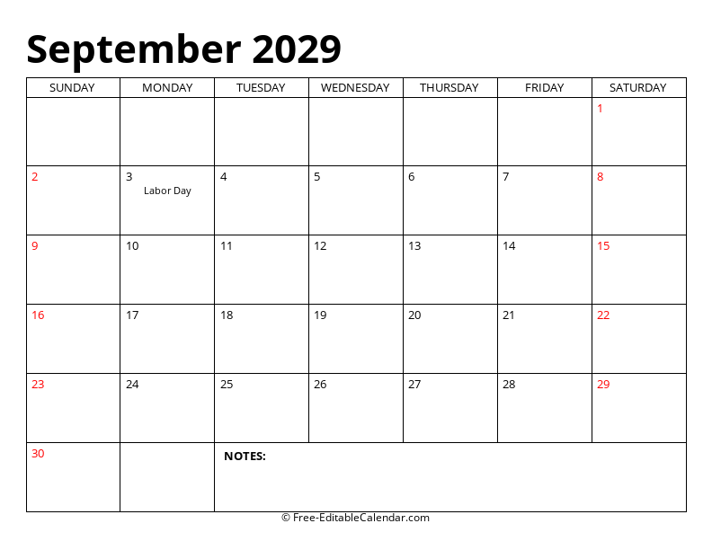 September 2029 Editable Calendar