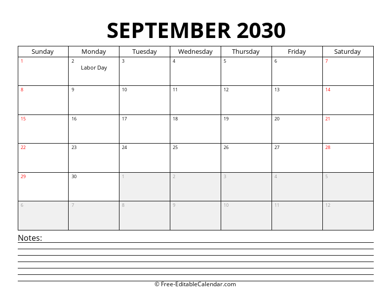 September 2030 Calendar with Notes