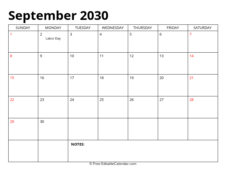 September 2030 Editable Calendar
