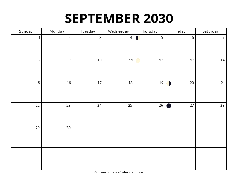 September 2030 Moon Phase Calendar
