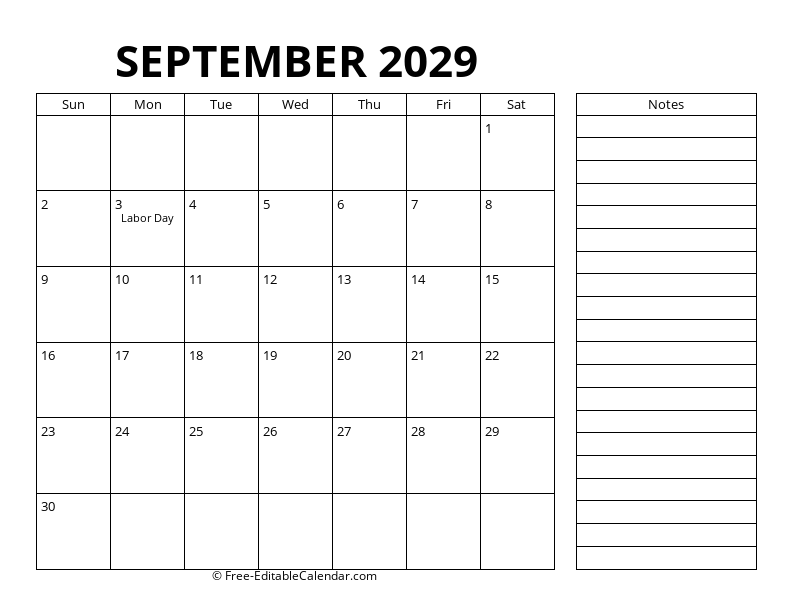 September Calendar 2029 with right notes
