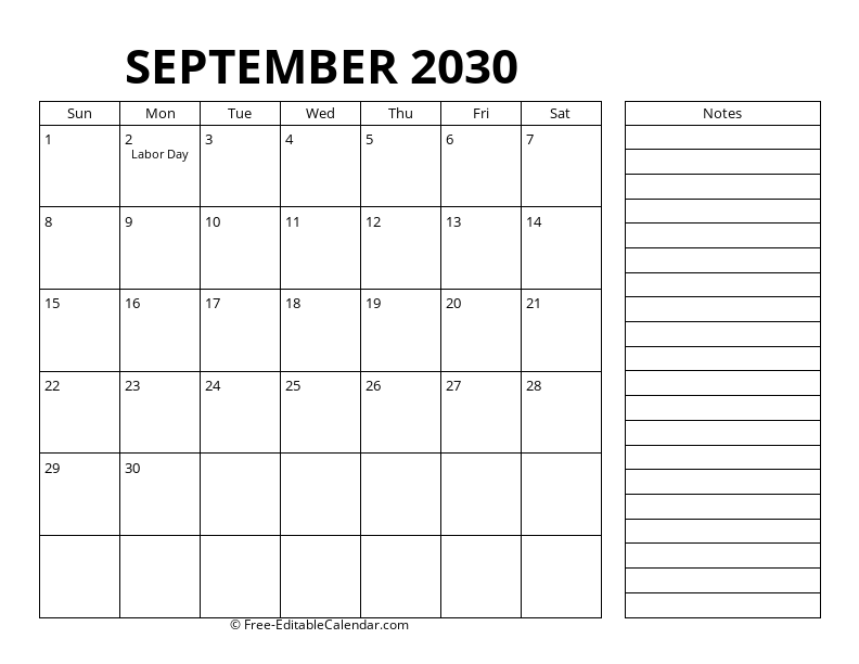September Calendar 2030 with right notes