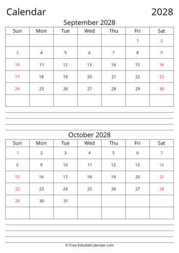 September October 2028 calendar with Notes