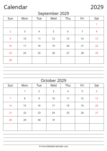 September October 2029 calendar with Notes