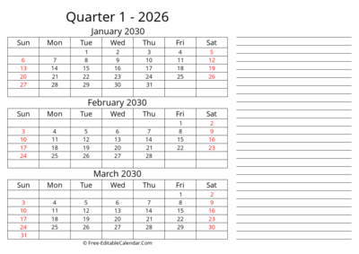 Quarterly Calendar With Side Notes