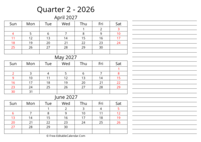 Quarterly Calendar With Side Notes