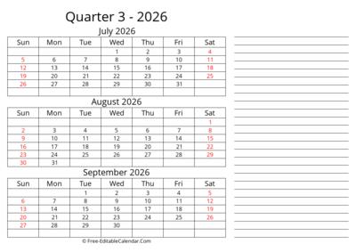 Quarterly Calendar With Side Notes