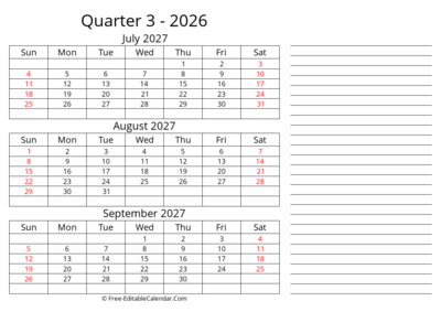 Quarterly Calendar With Side Notes