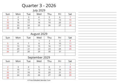Quarterly Calendar With Side Notes
