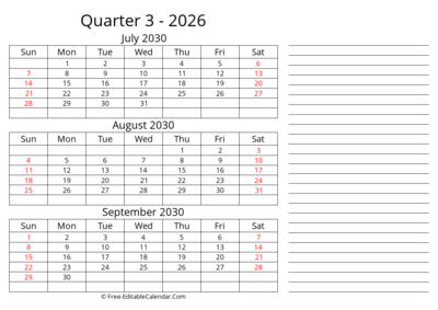 Quarterly Calendar With Side Notes