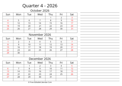 Quarterly Calendar With Side Notes