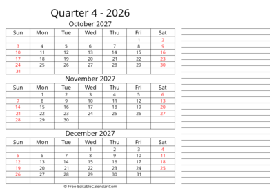 Quarterly Calendar With Side Notes