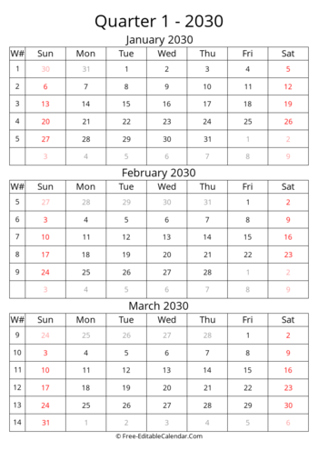 Quarter 1 Calendar With Week Numbers