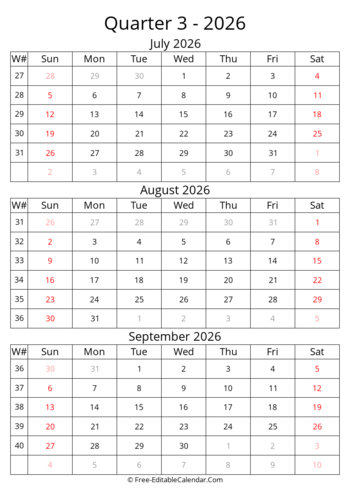 Quarter 3 Calendar With Week Numbers