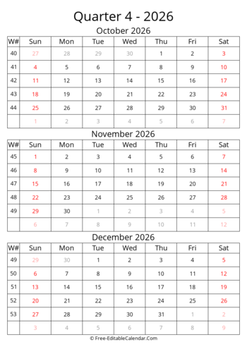 Quarter 4 Calendar With Week Numbers