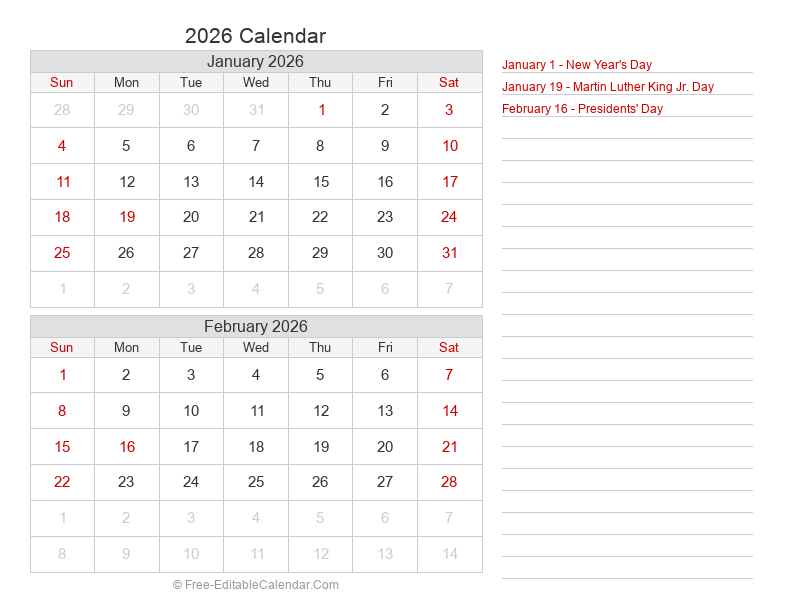 Bi-Monthly Calendar 2026